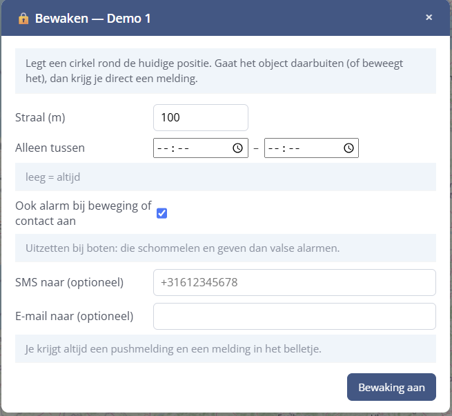 Het venster Bewaken in het portaal, met de straal, het tijdvenster, de optie voor beweging en contact, en de velden voor sms en e-mail