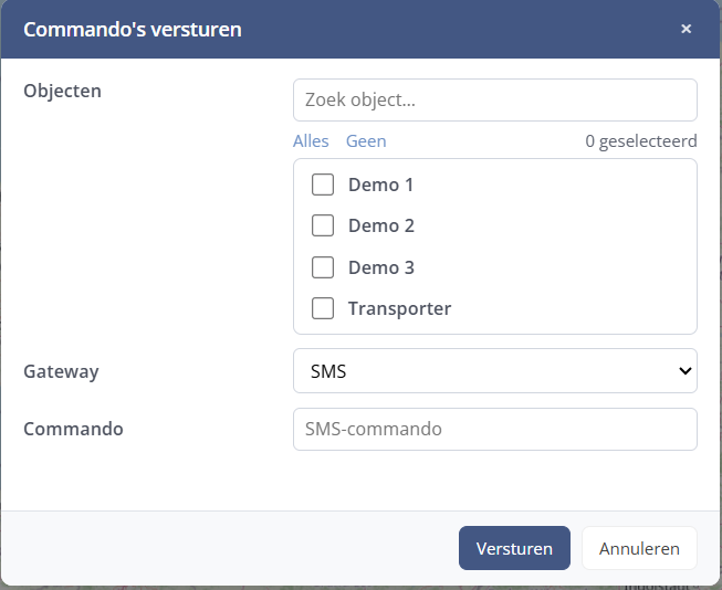 De dialoog Commando's versturen met objectkeuze, gateway en commando
