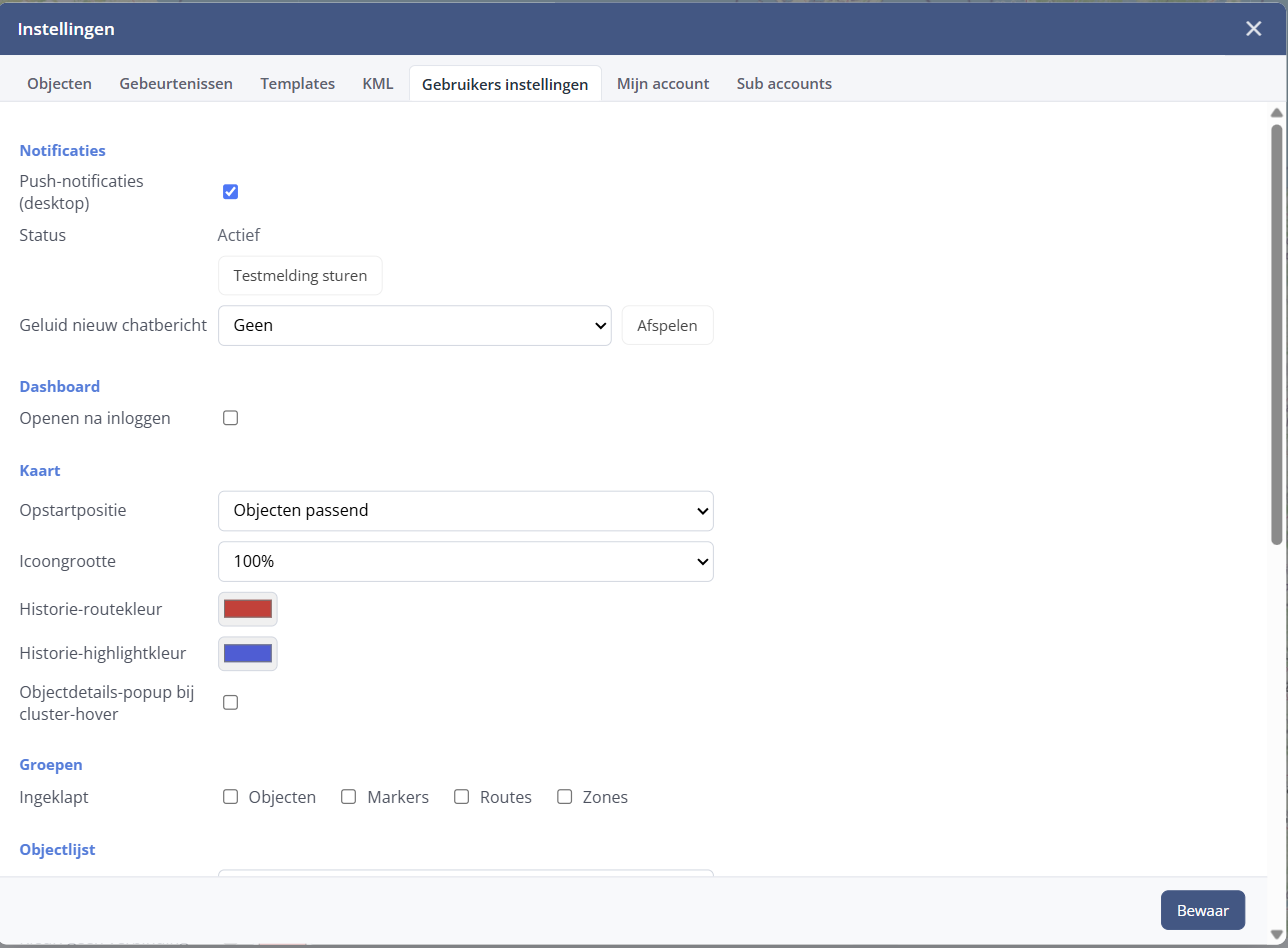 Gebruikers instellingen met notificaties, dashboard, kaart en groepen
