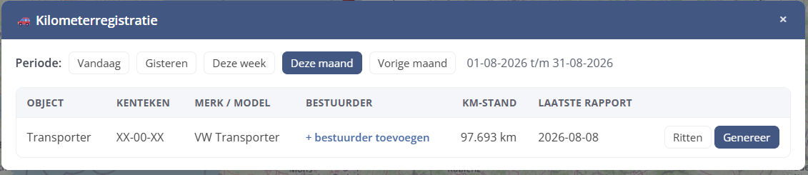 Het scherm Kilometerregistratie met periodekeuze en een overzicht per voertuig