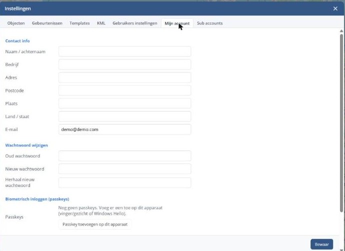 Het tabblad Mijn account met contactgegevens, wachtwoord wijzigen en passkeys