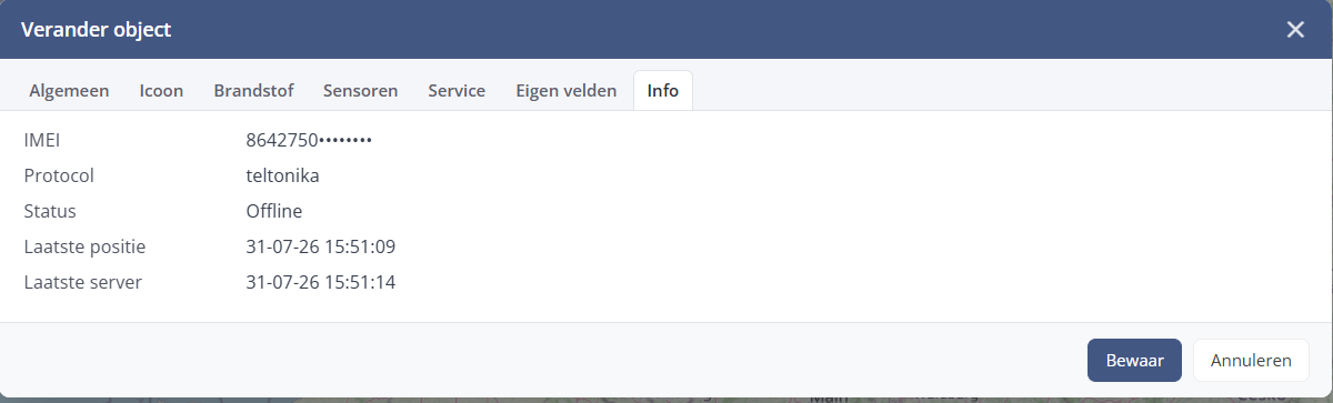 Het tabblad Info met IMEI, protocol, status en de laatste posities