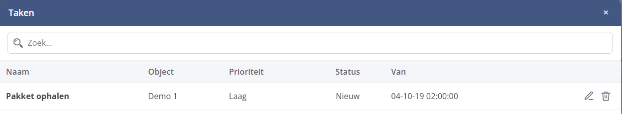 De takenlijst met naam, object, prioriteit, status en tijdstip